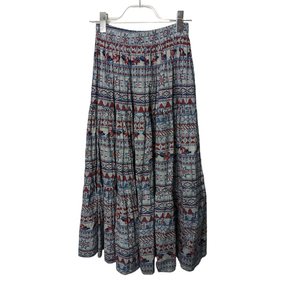 Vintage 80's KWBL Los Angeles Maxi Skirt Tiered Full Pixelated Folk Art Print M - Picture 2 of 8